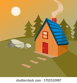 vector illustration of small cabin on the meadow, forest and sunset sky, house and nature landscape