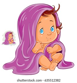 Vector illustration of small child after bath wrapped in a towel isolated on white. Print, template, design element