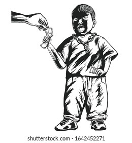 vector illustration of a small child crying because his money was taken