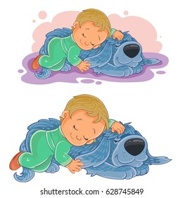 Vector illustration of a small child falling asleep using his dog instead of a pillow. Print