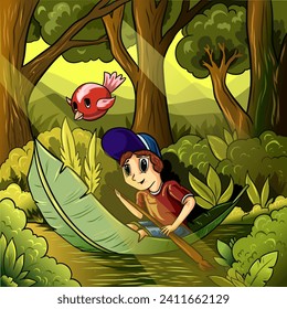 vector illustration of a small child riding a boat in the forest , perfect for coloring book designs illustration