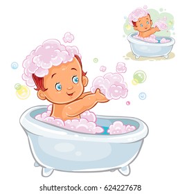 Vector illustration of small child take a bath with foam isolated on white