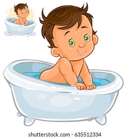 Vector illustration of small child take a bath isolated on white. Print, template, design element