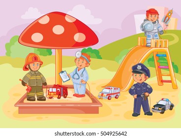 Vector illustration small children different professions playing in the playground