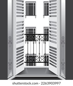 vector illustration with a small classic balcony with the open doors looking at the street and a building with windows in front of it.