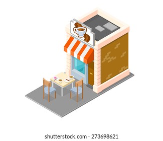 A vector illustration of a small coffee shop with tables and chairs and food. Isometric Coffee Shop serving snacks. Cafe serving hot coffee, donuts and cake.