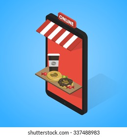 Vector illustration of a small coffee shop concept. Cafe serving hot coffee, donuts and cake.