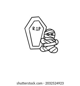 Vector illustration of a small coffin with a bandaged hand drawn character, halloween celebration