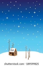 Vector illustration of a small cottage house and bare trees on winter landscape and starry night