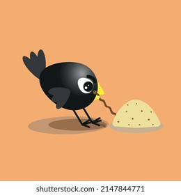 vector illustration of a small crow pulling a worm out of the sand