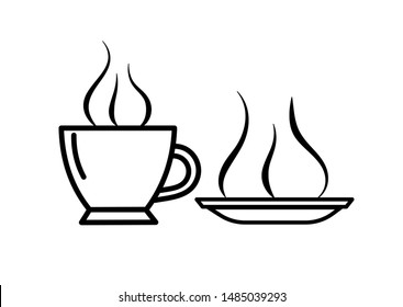 Vector illustration with a small cup with steam and a plate on a white background. Cookware icons. Outline drawing without color fill.