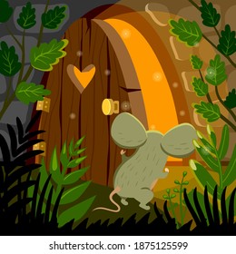 Vector illustration. A small curious mouse looks into the slightly open door of a fairy house in the grass