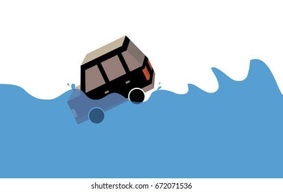 Vector Illustration of a small dark Car that fell into the water or was taken by the flood