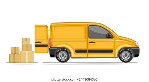 Ilustración vectorial de la pequeña camioneta de reparto, cartel horizontal con vista lateral de perfil camioneta de comercio con puerta trasera abierta y pila de cajas de cartón, camioneta postal naranja con espacio de copia claro sobre fondo blanco