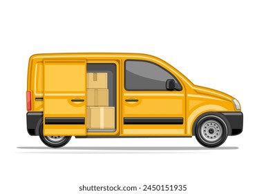 Ilustración vectorial de la camioneta de entrega Pequeña, cartel Horizontal con vista lateral de perfil camioneta comercial con puerta corredera abierta y cajas de cartón apiladas en el coche, camioneta postal Pequeña naranja sobre fondo blanco