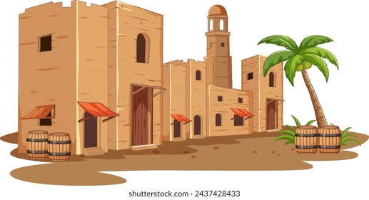 Vector illustration of a small desert town scene