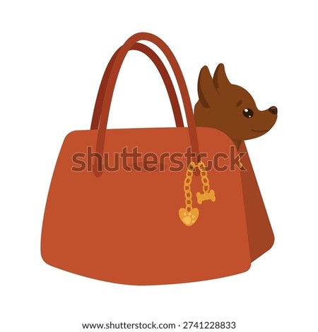 Vector illustration of a small dog peeking out of a fashionable orange purse adorned with a chain. The illustration captures a playful and charming scene, ideal for pet travel and or fashion concepts.
