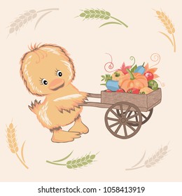 Vector illustration with a small duckling that carries a cart with vegetables