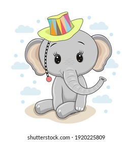 Vector illustration of a small elephant in a hat.