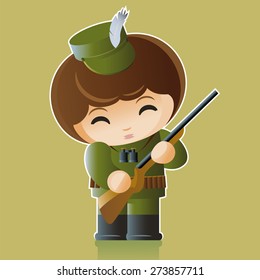 vector illustration. a small figure of a hunter with a gun and a feather in the hat