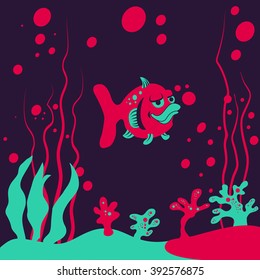 vector illustration of a small fish under the water, deranged background.