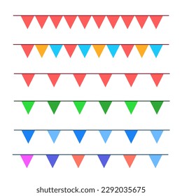 vector illustration of small flags hanging on a colorful rope for celebration, festival, birthday, carnival, partying, surprise, gift, firecracker, decoration and design element. vector editable