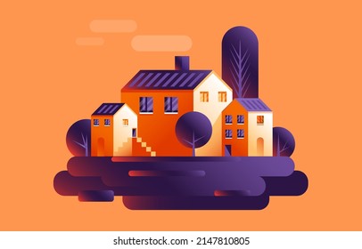 Vector illustration of a small floating village. Cute houses, isolated on white background. Colorful Flat design of european town in simple minimalist geometric style for websites, banners, covers