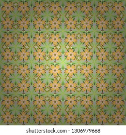 Vector illustration. Small flowers seamless pattern in gray, yellow and green colors. Vector multicolored branches with flowers.