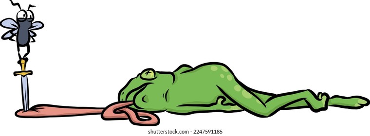 vector illustration of a small fly as heroic knight standing triumphantly next to defeated frog