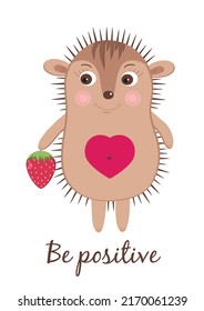 Vector illustration of small funny hedgehog with heart and strawberry