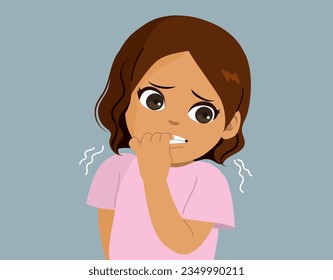 Vector illustration of small girl biting nails. Kid having problems stressed