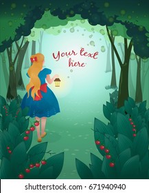 Vector illustration of small girl with lantern on background of fairy forest. With your text. Alice in Wonderland