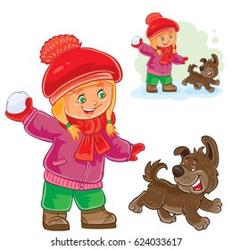 Vector illustration of small girl playing snowballs. Print