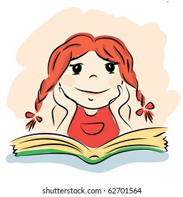 Vector illustration of a small girl reading green book