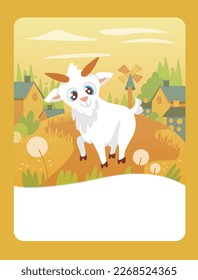 Vector illustration of a small goat on a summer meadow. It can be used as a playing card, learning material for kids.