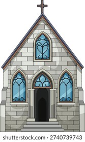 Vector illustration of small gothic stone church exterior with arched stained glass windows
