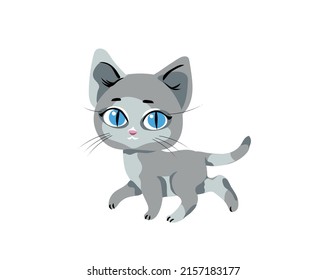 Vector illustration of a small gray kitten with blue eyes in cartoon style.