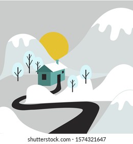 Vector illustration of a small green  cabin in the mountains. Path to a house through the snow. Winter minimalistic  landscape.