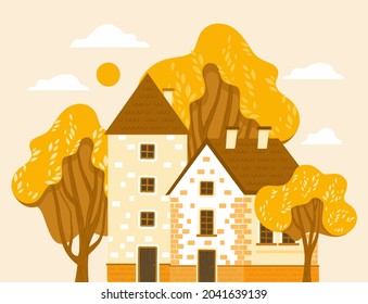 Vector illustration of small house in the forest. Autumn vector illustration