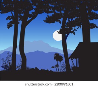 Vector illustration of a small house in the middle of a cliff at night.