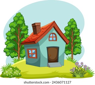 Vector illustration of a small house surrounded by trees