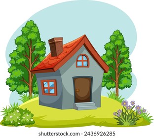 Vector illustration of a small house surrounded by nature.