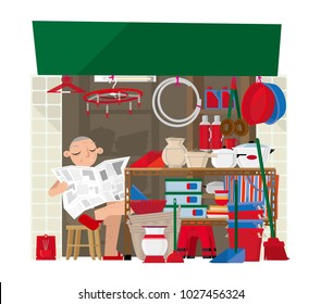 Vector illustration of a small household goods store in Hong Kong