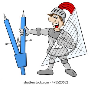 vector illustration of a small knight armed with dividers and triangle ruler