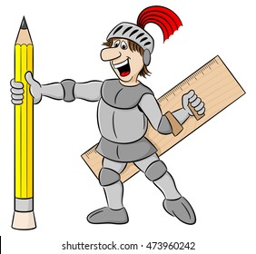 vector illustration of a small knight armed with pencil and ruler