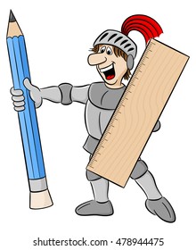 vector illustration of a small knight armed with pencil and ruler