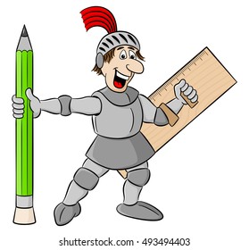 vector illustration of a small knight armed with pencil and ruler
