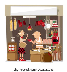 Vector illustration of a small local grocery store in Hong Kong