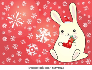 Vector illustration of small lovely rabbit on a red background with snowflakes