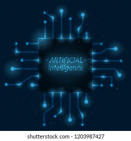 Vector illustration of a small microchip. Design for artificial intelligence technology. Glow abstract design. Wireframe geometry on dark blue background with bright dots.